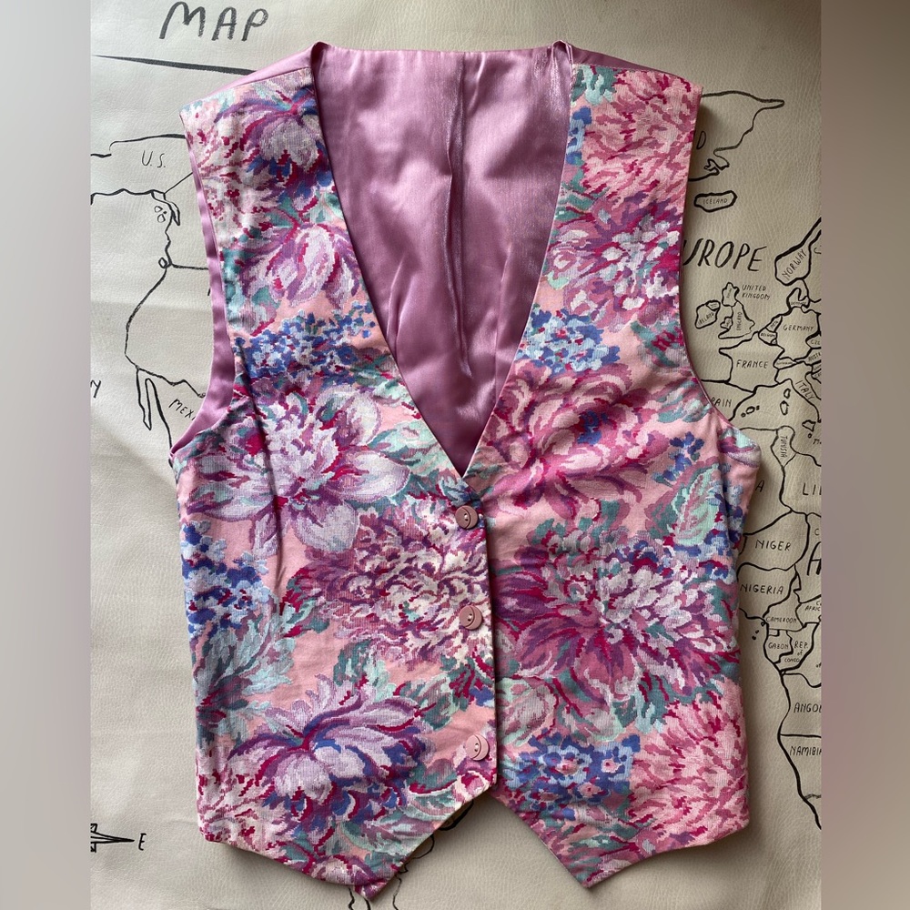 Pink textile shimmery handmade unique vintage style floral vest